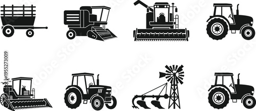 Agricultural machinery silhouettes collection including tractor harvester trailer plow windmill and farm equipment isolated on white background for farming industry and rural landscape design use