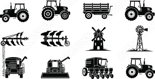 Agricultural machinery silhouettes collection with tractors, plow, seeder, combine harvester, windmill and trailer, farming equipment icons isolated on white background vector illustration set