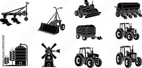 Agricultural machinery silhouettes set including tractors plow seeder trailer windmill silo and farm equipment isolated on white background for farming industry and rural landscape design use
