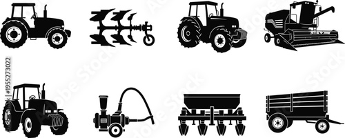 Agricultural machinery silhouettes set with tractors, plow, sprayer, seeder, trailer and combine harvester, farming equipment icons isolated on white background vector illustration