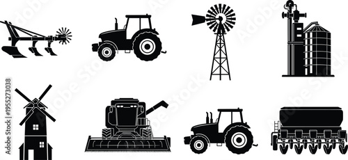 Agriculture machinery silhouette set featuring tractor plow windmill harvester seeder and farm equipment isolated on white background for farming industry and rural landscape design