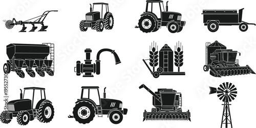 Agriculture machinery silhouette set featuring tractors, combine harvester, grain seeder, farm trailer and windmill, rural farming equipment icons vector isolated on white background