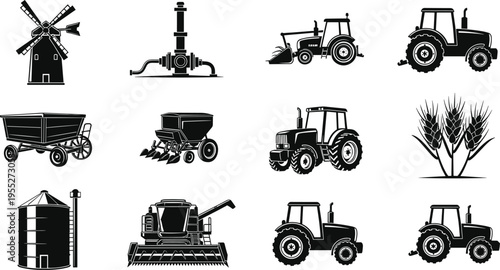 Agriculture machinery silhouettes collection featuring tractors, combine harvester, windmill, irrigation pump, grain silo and wheat, farming equipment icons isolated on white background vector set