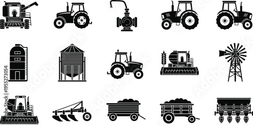 Agriculture machinery silhouette set featuring tractor, harvester, grain silo, farm equipment icons, rural farming tools collection, industrial agriculture vector isolated on white background