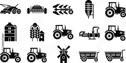 Agriculture and farm equipment silhouettes set including tractors plow seeder silo windmill trailer and irrigation pump isolated on white background for farming industry design use