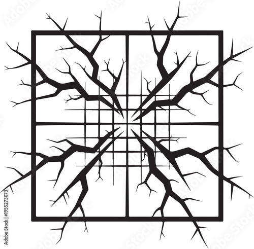 A stark black and white illustration depicts a fractured square with branching lines resembling shattered glass