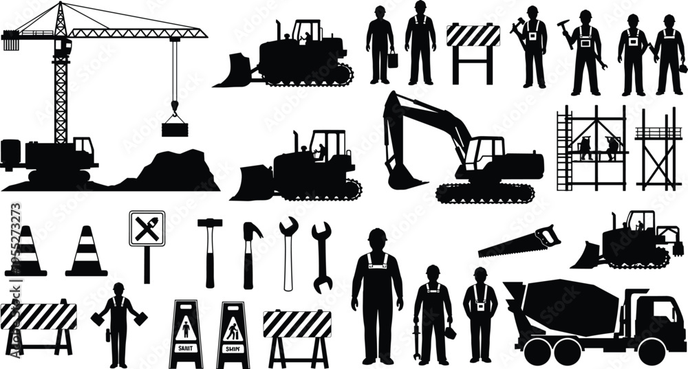 Obraz premium Construction workers, heavy machinery and safety equipment silhouettes set including crane, bulldozer, excavator, cement mixer, tools and warning signs for engineering