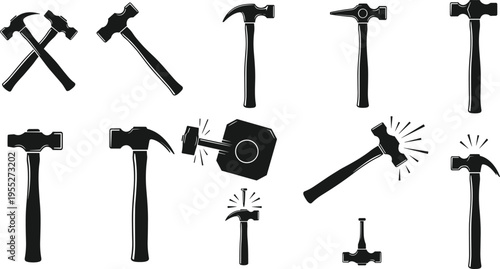 Collection of hammer and mallet silhouettes with striking action icons, carpentry hand tool set for construction, woodworking, repair workshop and DIY