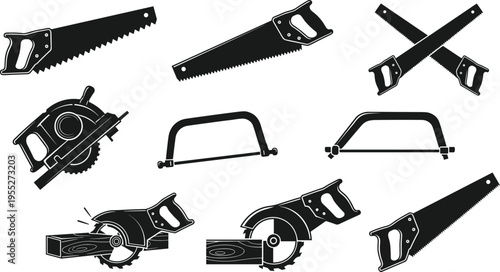 Hand saw and cutting tools silhouettes collection with circular saw, hacksaw and woodworking equipment icons for carpentry and construction isolated on white background vector set