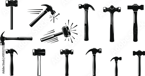 Collection of hammer and mallet silhouettes with striking motion icons, carpentry hand tool set for construction, woodworking, repair workshop and DIY projects