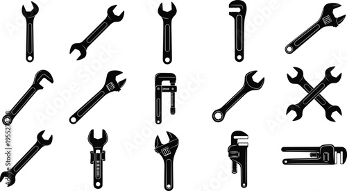 Collection of wrench, adjustable spanner and pipe wrench silhouettes, mechanic hand tool icon set for repair, construction, plumbing and workshop maintenance