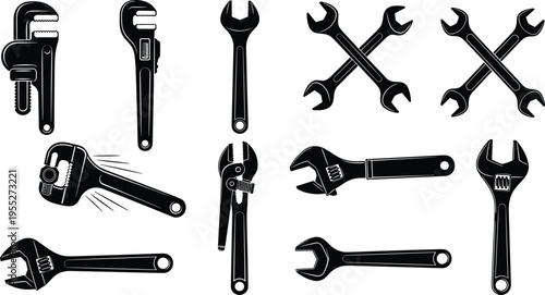 Collection of wrench, adjustable spanner and pipe wrench silhouettes, mechanic hand tool icon set for plumbing, repair, construction and workshop maintenance