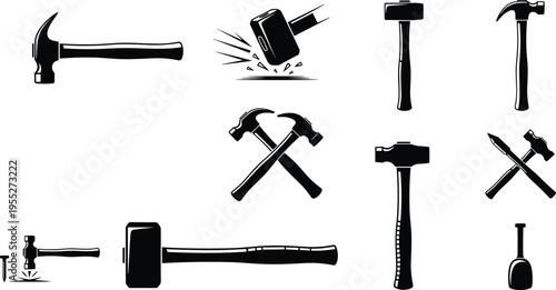 Collection of hammer silhouettes including claw hammer and mallet, hand tool icon set for construction, carpentry, repair, workshop and DIY maintenance
