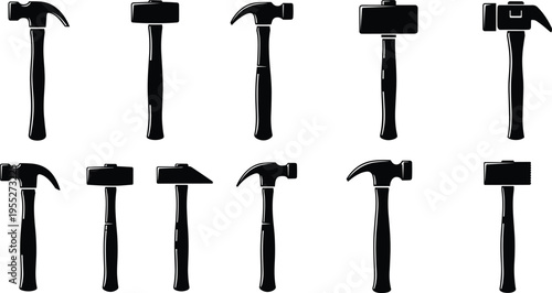 Collection of hammer silhouettes including claw hammer, mallet and carpentry tools, hand tool icon set for construction, repair, workshop and DIY maintenance