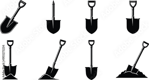 Collection of eight black silhouette shovel icons with D‑handle and pointed blade showing digging, construction, gardening, manual labor illustration