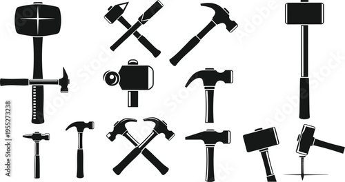 Collection of hammer tool silhouettes including claw hammer sledgehammer mallet and crossed tools icons isolated for construction carpentry hardware repair design