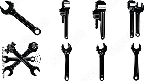 Collection of wrench, spanner and pipe wrench silhouettes, mechanic hand tool icon set for plumbing repair, construction workshop and maintenance design