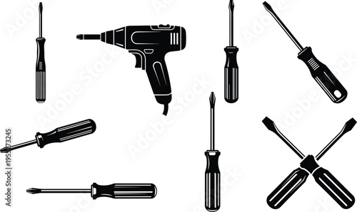 Collection of screwdriver and electric drill silhouettes, hand tool icon set for repair, construction, workshop maintenance, mechanic engineering and DIY projects