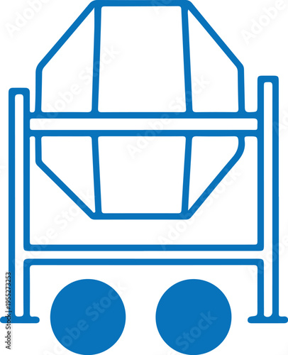 A simple blue line drawing depicts a portable concrete mixer with two wheels showcasing construction equipment