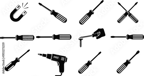 Collection of screwdriver and repair tool silhouettes with electric drill, magnet and screws, mechanic equipment icon set for construction and DIY projects