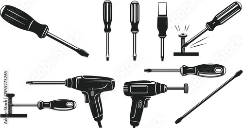 Collection of screwdriver and electric drill silhouettes with screws, hand tool icon set for repair, construction, workshop maintenance and DIY projects