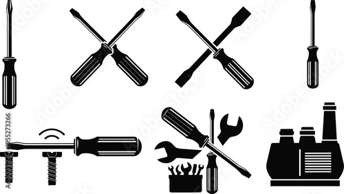 Collection of screwdriver silhouettes with repair tools and factory icon, hand tool set for construction, maintenance, workshop engineering and DIY projects