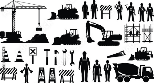 Construction workers, heavy machinery and safety equipment silhouettes set including crane, bulldozer, excavator, cement mixer, tools and warning signs for engineering 