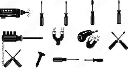 Collection of screwdriver, electric drill and magnet silhouettes, hand tool icon set for repair, construction, workshop maintenance and DIY engineering projects