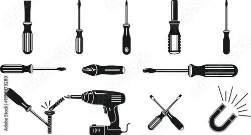 Collection of screwdriver, electric drill and magnet tool silhouettes, hand tool icon set for repair, construction, workshop maintenance and DIY projects
