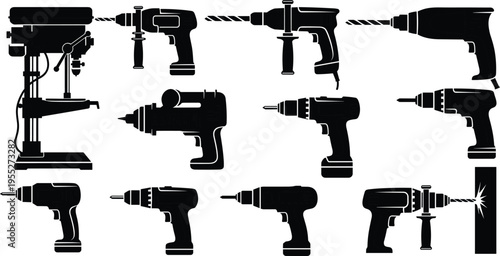 Electric drill and drilling machine silhouettes collection with cordless and wired power tools, construction equipment icons for industrial and repair use isolated on white background vector set