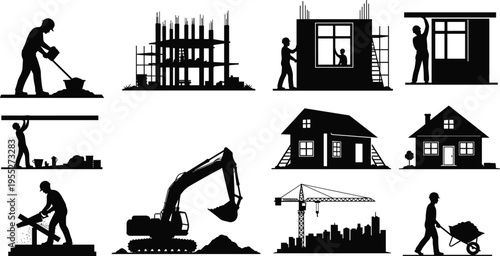 Construction workers and house building silhouettes set with excavator, crane, scaffolding, residential homes and labor activities representing engineering construction, infrastructure development 