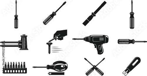 Collection of screwdriver, electric drill and repair tool silhouettes with screws and bits, mechanic hand tools icon set for construction workshop