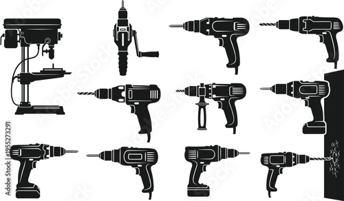 Power drill and drill press silhouette set featuring cordless and electric drilling machines, construction tools collection, industrial workshop equipment vector isolated on white background