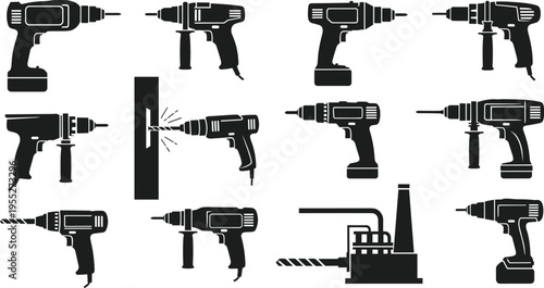 Electric drill and power tool silhouettes collection featuring cordless drills hammer drills and industrial drilling machines isolated on white background for construction repair 