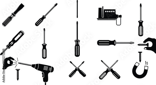 Collection of screwdriver, electric drill, screw and magnet silhouettes, hand tool icon set for repair, construction, mechanic workshop and DIY maintenance design