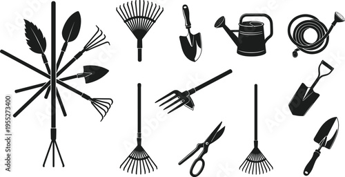 Garden tools silhouette collection featuring rake shovel watering can fork scissors hose and hand tools isolated on white background for farming landscaping and gardening concepts