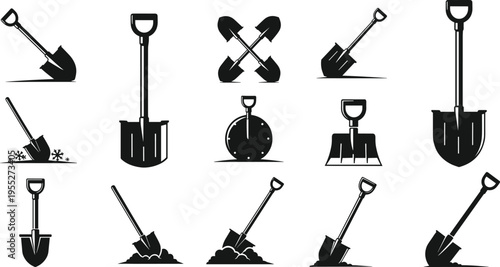 Garden tools silhouette collection including watering can rake shovel fork pruning shears hose and hand tools isolated on white background for gardening landscaping agriculture design use