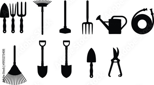 Garden tools silhouette collection including rake shovel fork watering can hose pruning shears and hand tools isolated on white background for gardening landscaping agriculture design use