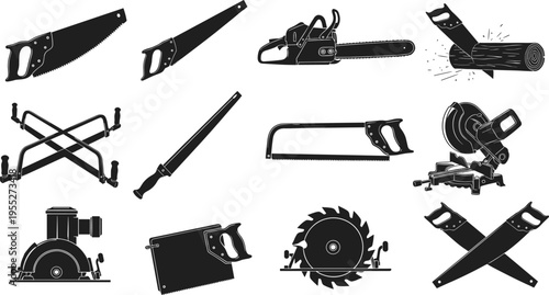 Saw and cutting tools silhouettes collection with chainsaw, hand saw, circular blade and woodworking equipment icons for carpentry and construction isolated on white background vector set