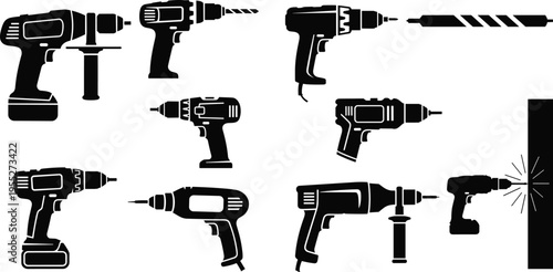 Power drill silhouettes collection featuring cordless drills hammer drills and electric drilling machines isolated on white background for construction repair workshop 
