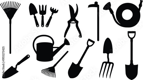 Garden tools silhouette set featuring rake shovel fork watering can hose pruning shears and hand tools isolated on white background for gardening landscaping agriculture design use