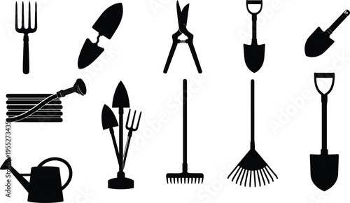 Garden tools silhouette set including rake shovel fork watering can hose pruning shears and hand tools isolated on white background for gardening landscaping agriculture design use