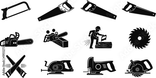 Saw tools silhouettes collection including hand saw, chainsaw, circular saw and woodworking equipment icons, carpentry and construction tools isolated on white background vector set
