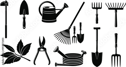 Gardening tools silhouette set featuring shovel, rake, pruning shears, watering can, hose and hand tools, landscaping equipment vector collection isolated on white background