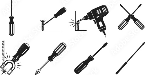 Screwdriver and power drill tool silhouettes set with screw driving repair maintenance workshop hardware icons isolated for construction carpentry mechanic design