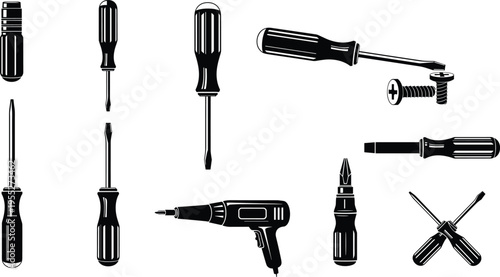 Screwdriver and electric drill tool silhouettes set with screw driving repair maintenance workshop hardware icons isolated for construction carpentry mechanic design