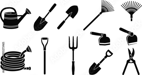 Gardening tools silhouettes collection featuring shovel, rake, watering can, hose, fork, hoe and pruner, garden equipment icons isolated on white background vector set