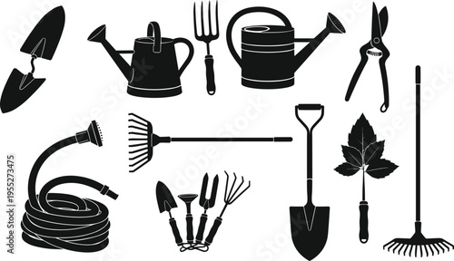 Gardening tools silhouette set including watering cans hose rake shovel fork pruning shears and hand tools isolated on white background for agriculture landscaping design use