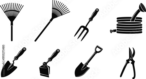 Gardening tools silhouettes collection with rake, fork, hose, trowel, shovel and pruner, garden equipment icons for landscaping and yard work isolated on white background vector set