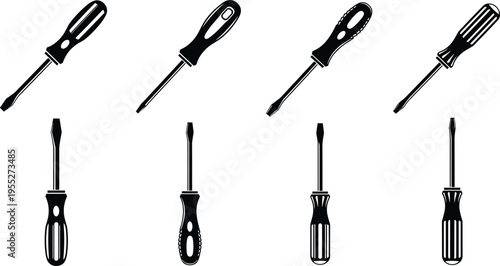 Set of screwdriver tool silhouettes including flathead and Phillips screwdrivers isolated as repair maintenance hardware icons for construction carpentry workshop design